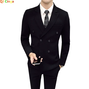 Черный костюм, 2 предмета, мужской деловой свадебный пиджак с брюками, Серый двубортный мужской блейзер и брюки